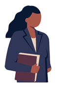 icone representando uma mulher negra de cabelos escuros ondulados usando um terno azul escuro e segurando uns papeis