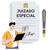 documento grande escrito juizado especial no fundo ao lado uma caneta grande e na frente delo um homem menor segurando uma pasta