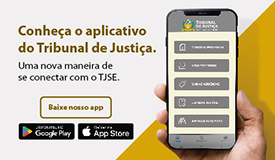 Texto no lado esquerdo Conheça o aplicativo do Tribunal de Justiça, uma nova maneira de se conectar com o TJSE, do lado esquerdo tem uma imagem de uma mão segurando um celular, mostrando a na tela o app do TJSE