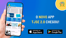 Texto no lado esquerdo Conheça o aplicativo do Tribunal de Justiça, uma nova maneira de se conectar com o TJSE, do lado esquerdo tem uma imagem de uma mão segurando um celular, mostrando a na tela o app do TJSE